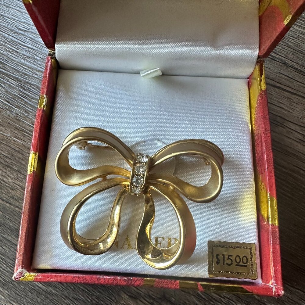 Vintage Napier Gold-Tone Bow Brooch with Rhinestones - Elegant Gift Box Included